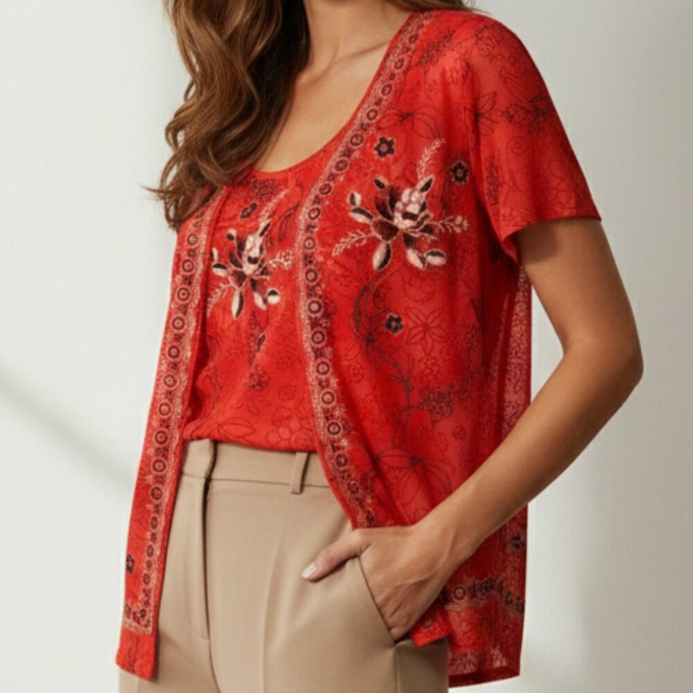 Floral Mesh Layered T-C Fashion Red Gold Shrug Blouse Size M Medium